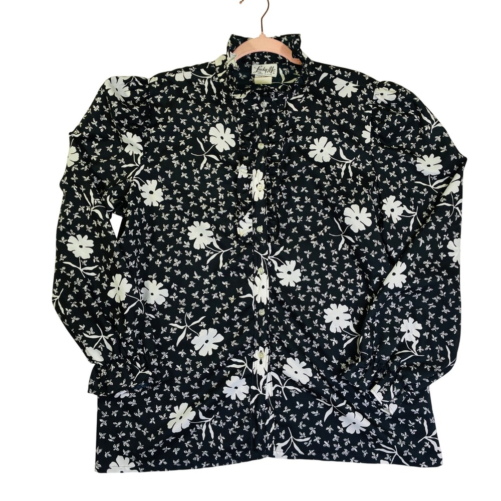 Lucky Me USA Vintage Floral Ruffle High Neck Blouse Black White Puffed Sleeve 40